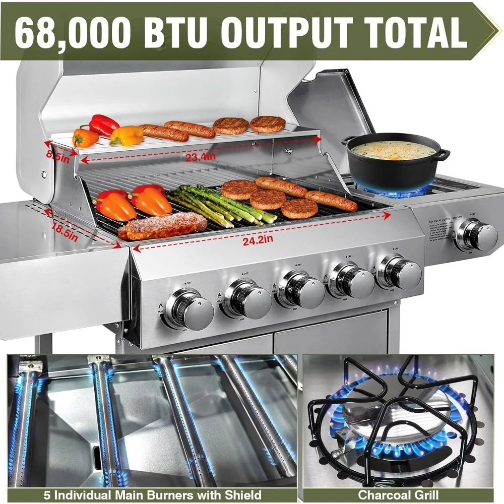 68,000 BTU 5 Burner Propane Gas Grill with Side Burner-Professional-Grade Stainless Steel Outdoor BBQ Grill-647 sq in Cooking Sp