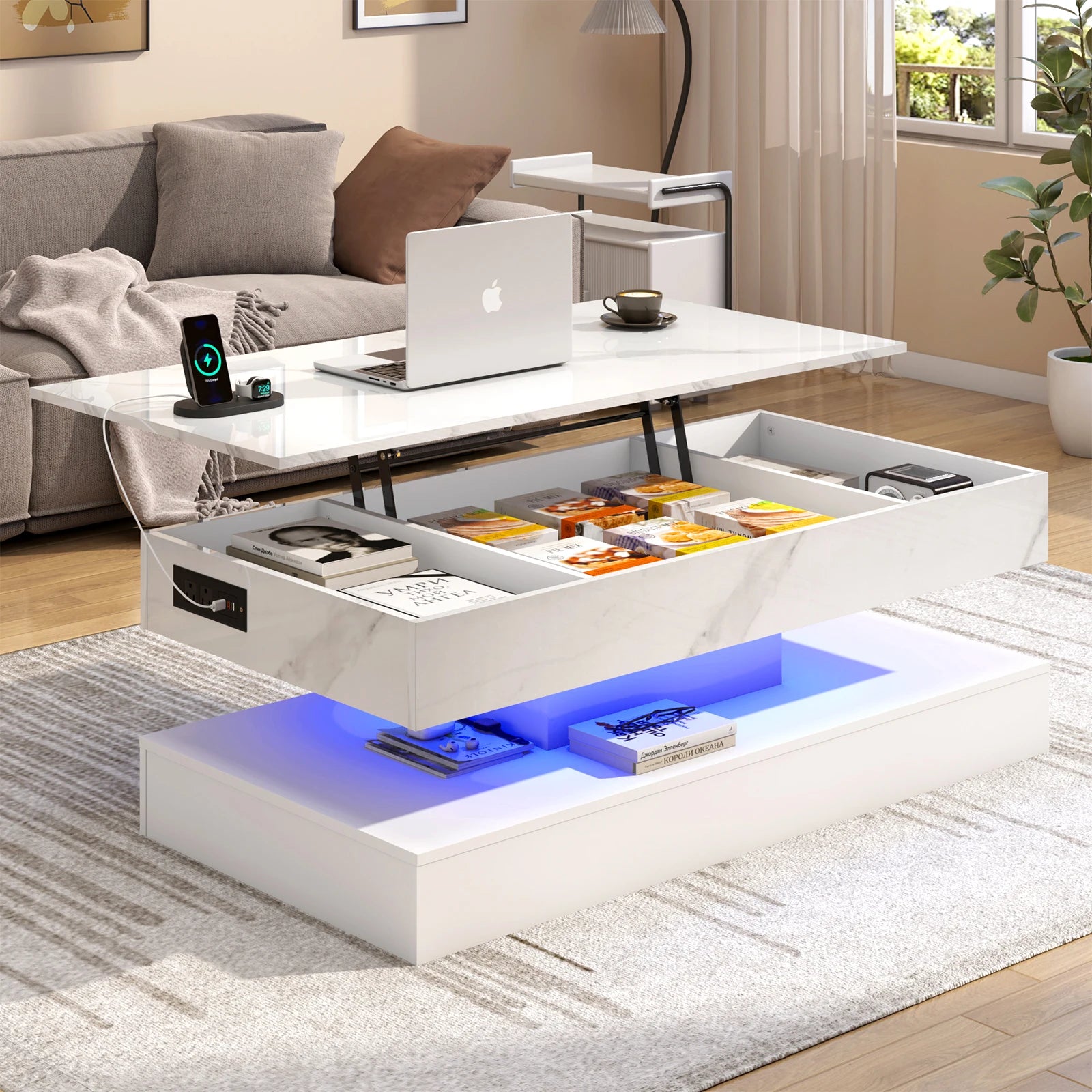 High-Gloss LED Coffee Table – White Center Table with Open Display Shelf & Large Storage
