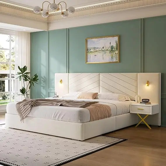 Luxurious King Platform Bed Frame – Velvet Upholstered Headboard with Built-In Sconces & Nightstands