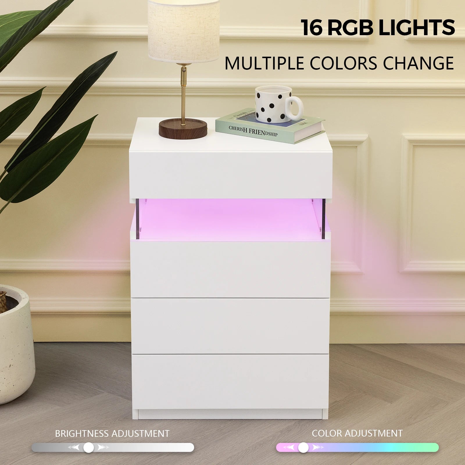 Cubehom LED Nightstand,Modern Night Stand with 4 Drawers,Large Capacity,Multi-Color LED Lights,End Side Table for Bedroom