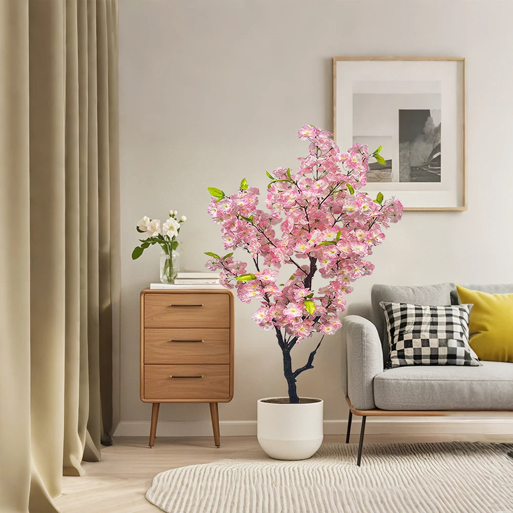 Artificial Cherry Blossom Tree, Tall Potted Faux Cherry Blossom Tree Plants In Pot With Lifelike Trunk For Indoor Home Decor