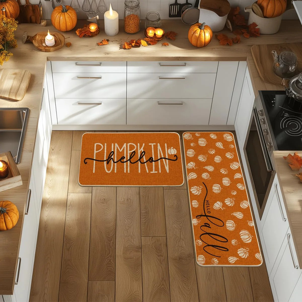 VIKAMA Orange Hello Pumpkin Fall Kitchen Mats Set of 2 Autumn Home Decor Low-Profile Kitchen Rugs for Floor