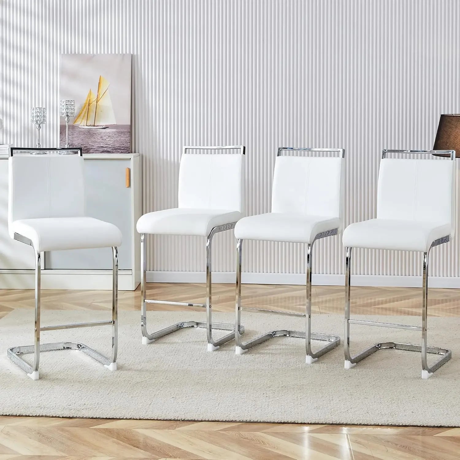 Bar Stools Set of 4,Counter Height Bar Stools with Backs,White PU Kitchen Chairs with Chrome Plated Metal Leg.Upholstered Chair