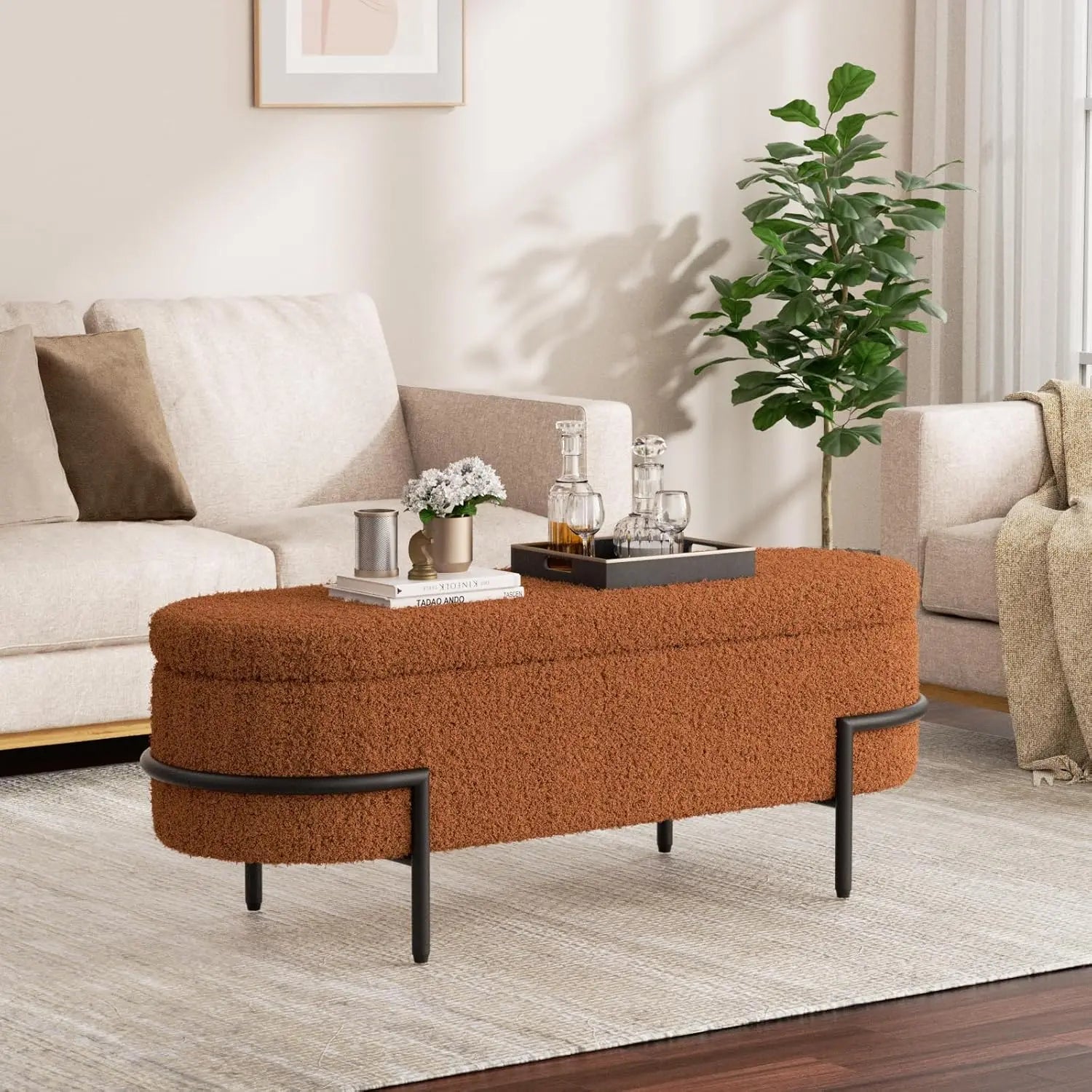 Sherpa Upholstered Storage Ottoman Bench – Metal Stand Living Room Bench