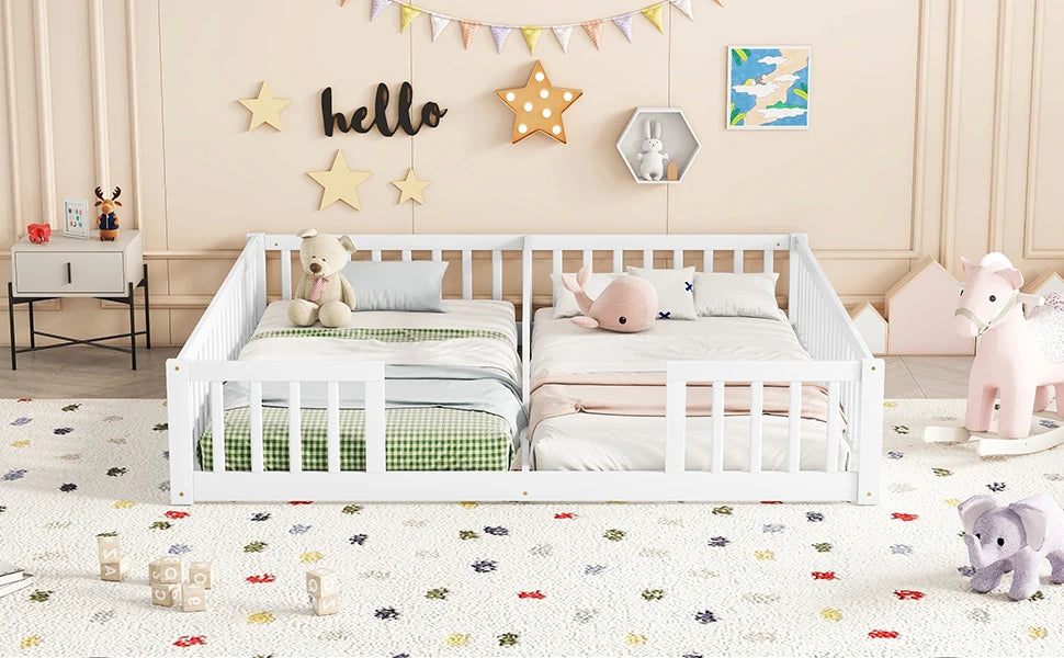 Double Twin Floor Bed with Fence & Guardrails – Doorless Design