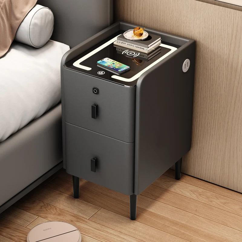 Ultra Narrow Smart Nightstand Luxury Bedside Table Minimalist Solid Wood Storage Cabinet Compact Bedroom Organizer with Charging
