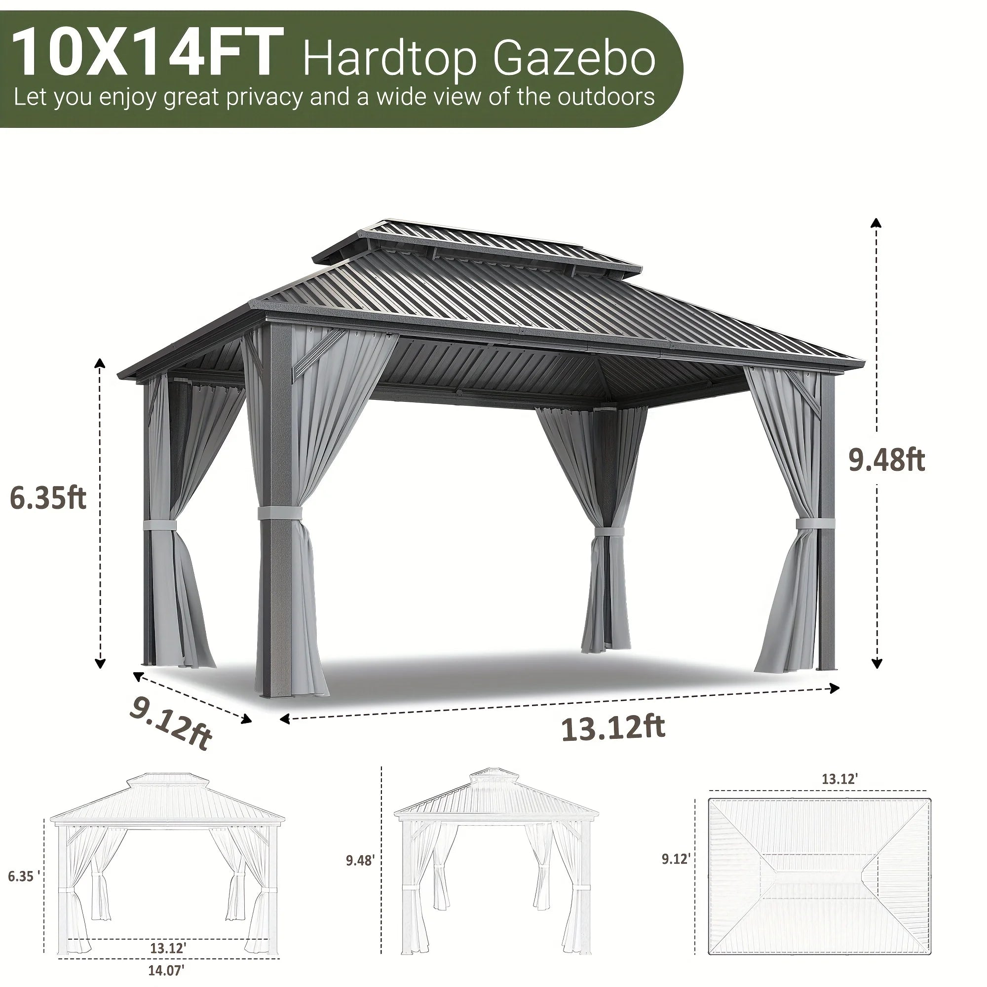 10x12~12x20FT Hardtop Gazebo Aluminum Frame Galvanized Steel Roof w/ Netting Curtain All Weather for Backyard Patio Garden