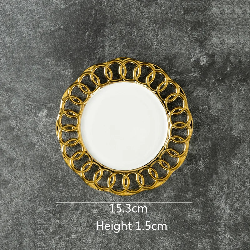 Gold-Plated Hollow-Out Ceramic Serving Plate – Decorative Steak, Dessert & Salad Plate
