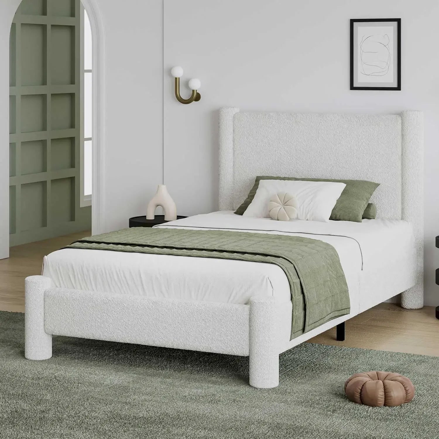 Twin Size Bouclé Upholstered Platform Bed Frame with Headboard & Footboard – Soft Rounded Corners