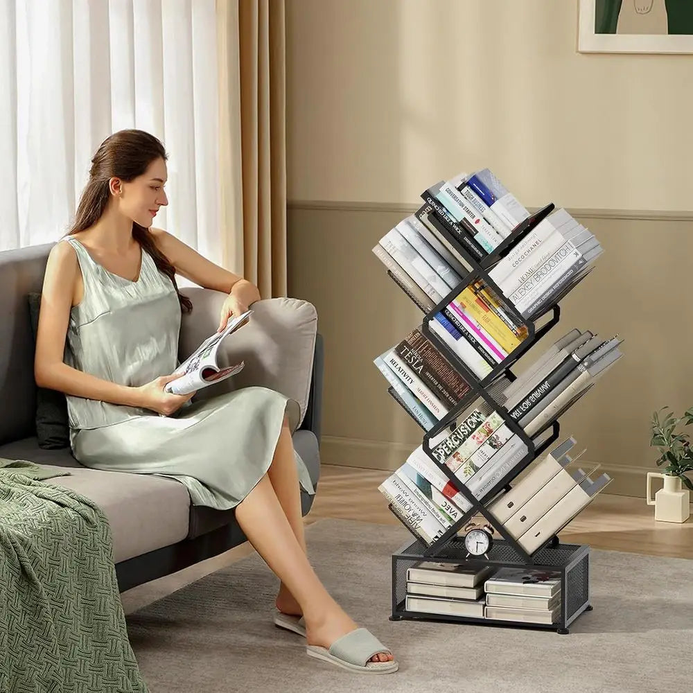 Black Foldable Metal 6-Tier Bookshelf with Storage – No Assembly Required