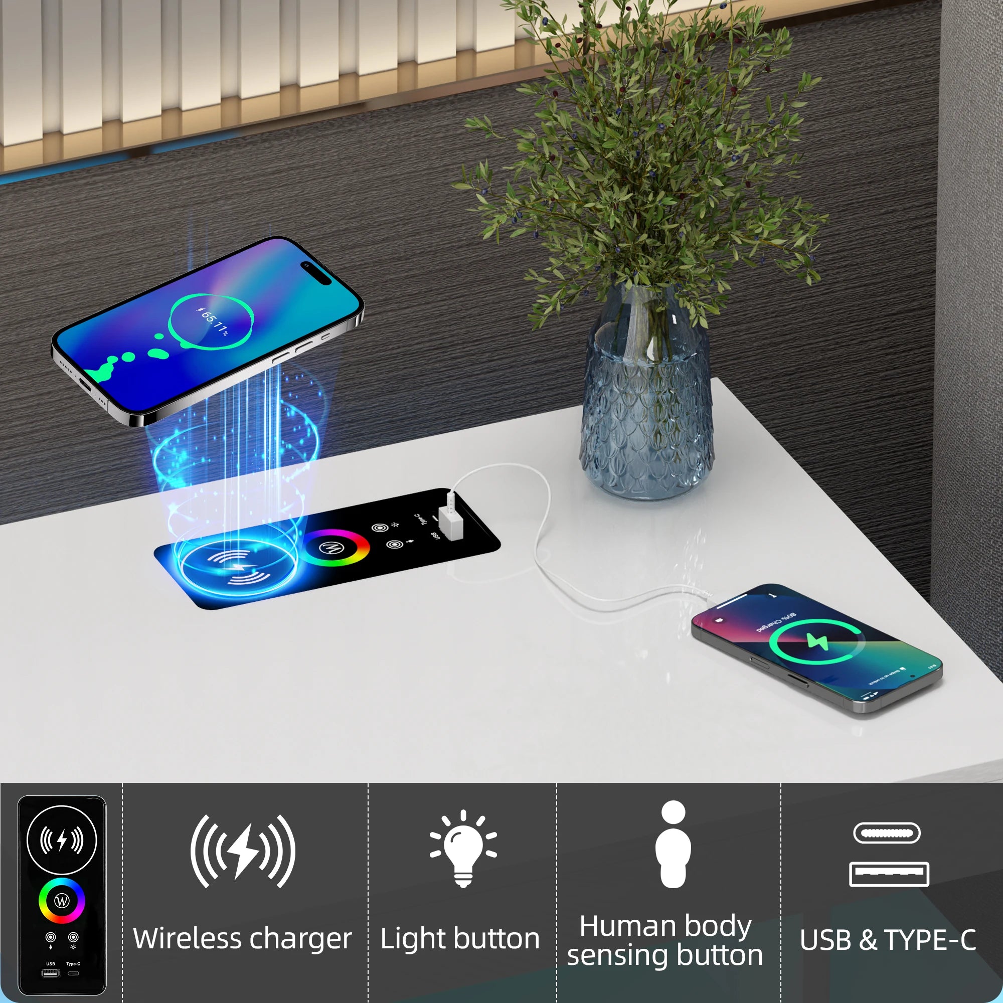 JDPAG LED Nightstand, RGB Black Night Stand with USB/Wireless Charging Station, Modern Bedside Table has Auto Sensor RGB Lights
