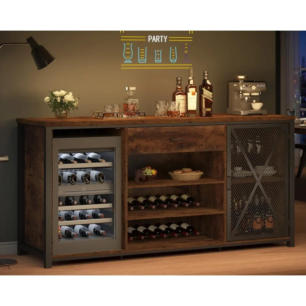 Farmhouse Wood & Metal Wine Cabinet – Large Bar Cabinet with Refrigerated Space