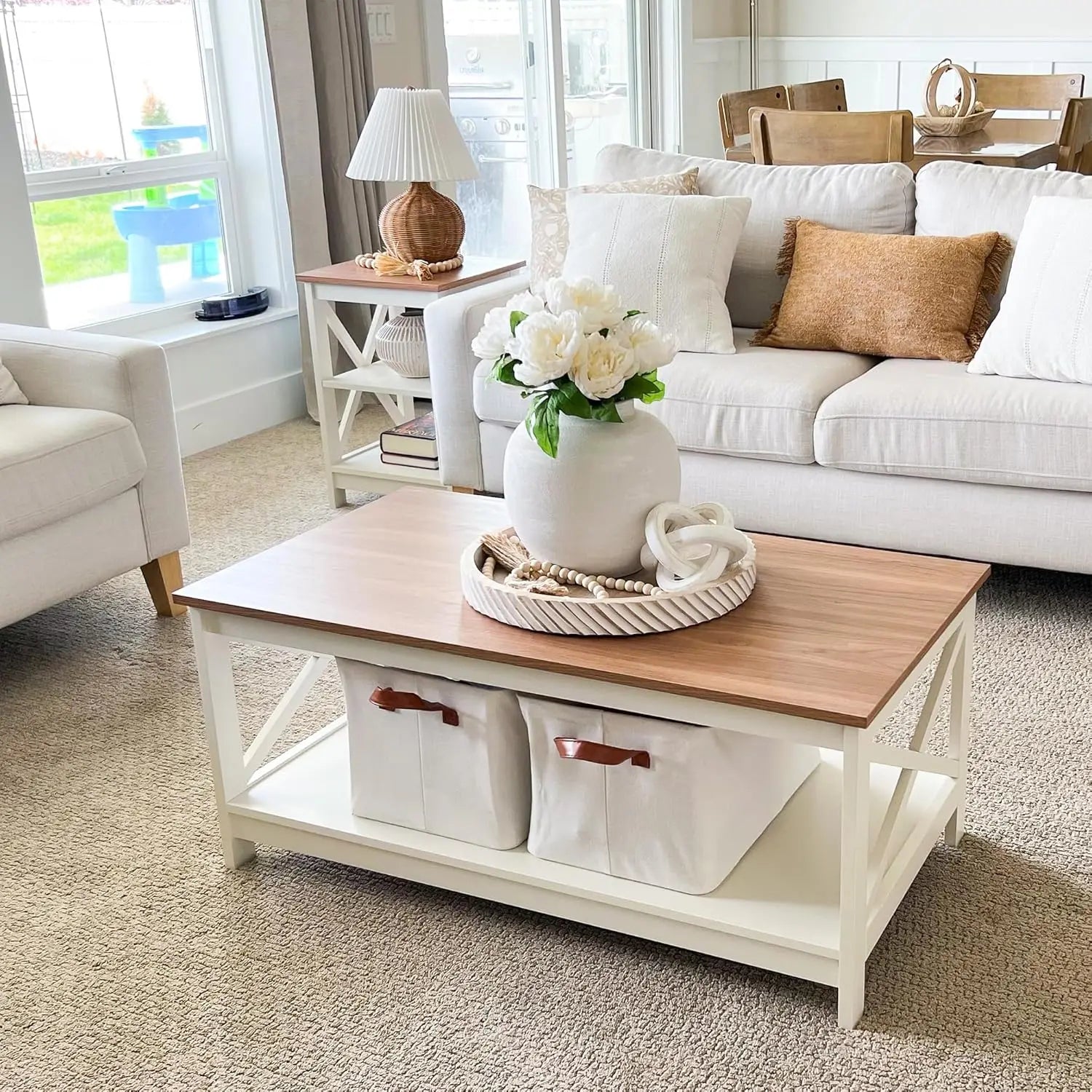 Farmhouse Coffee Table with Storage – Modern 2-Tier Center Table Set