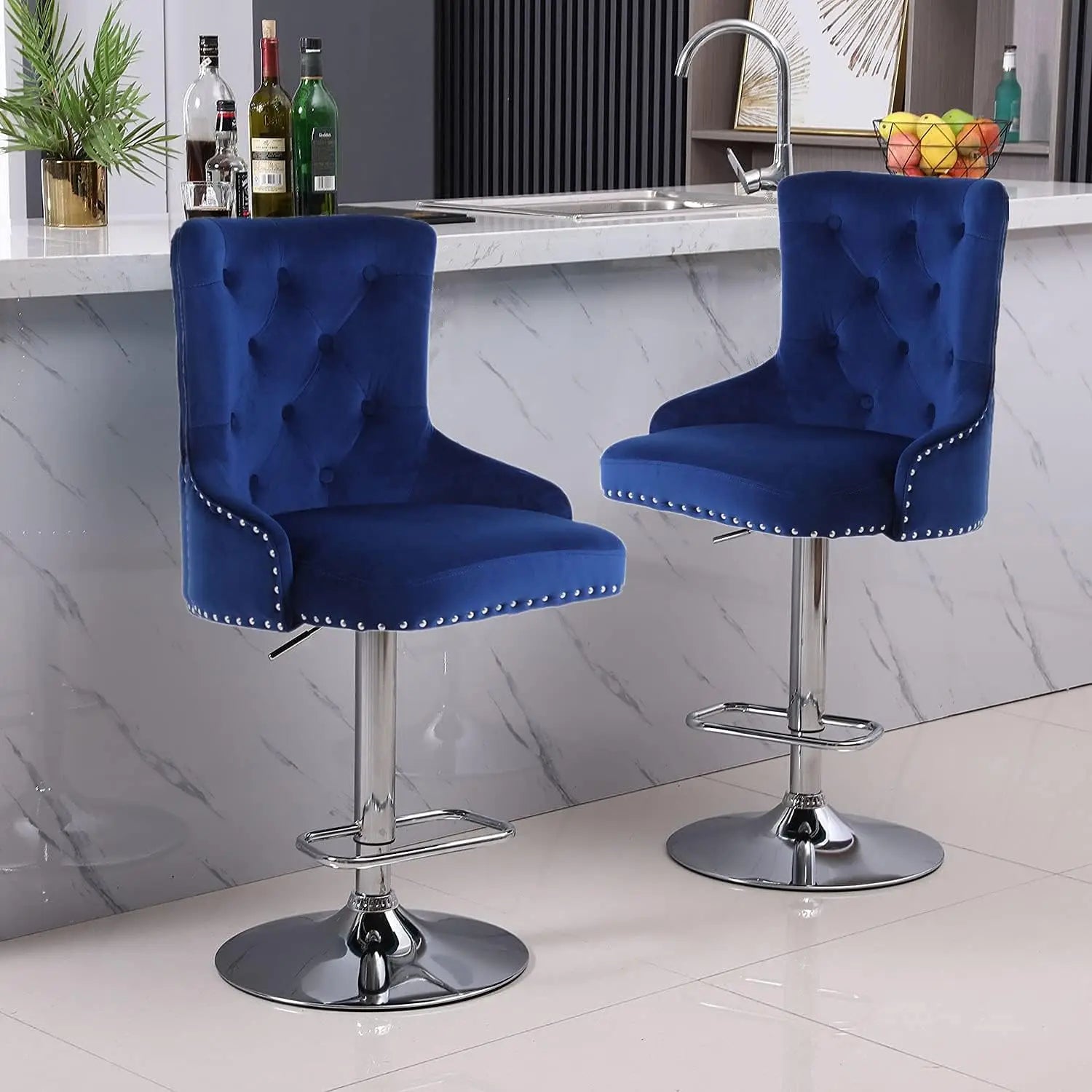 Modern Velvet Bar Stools with Back – Set of 2 Adjustable Swivel Counter Stools (Blue)