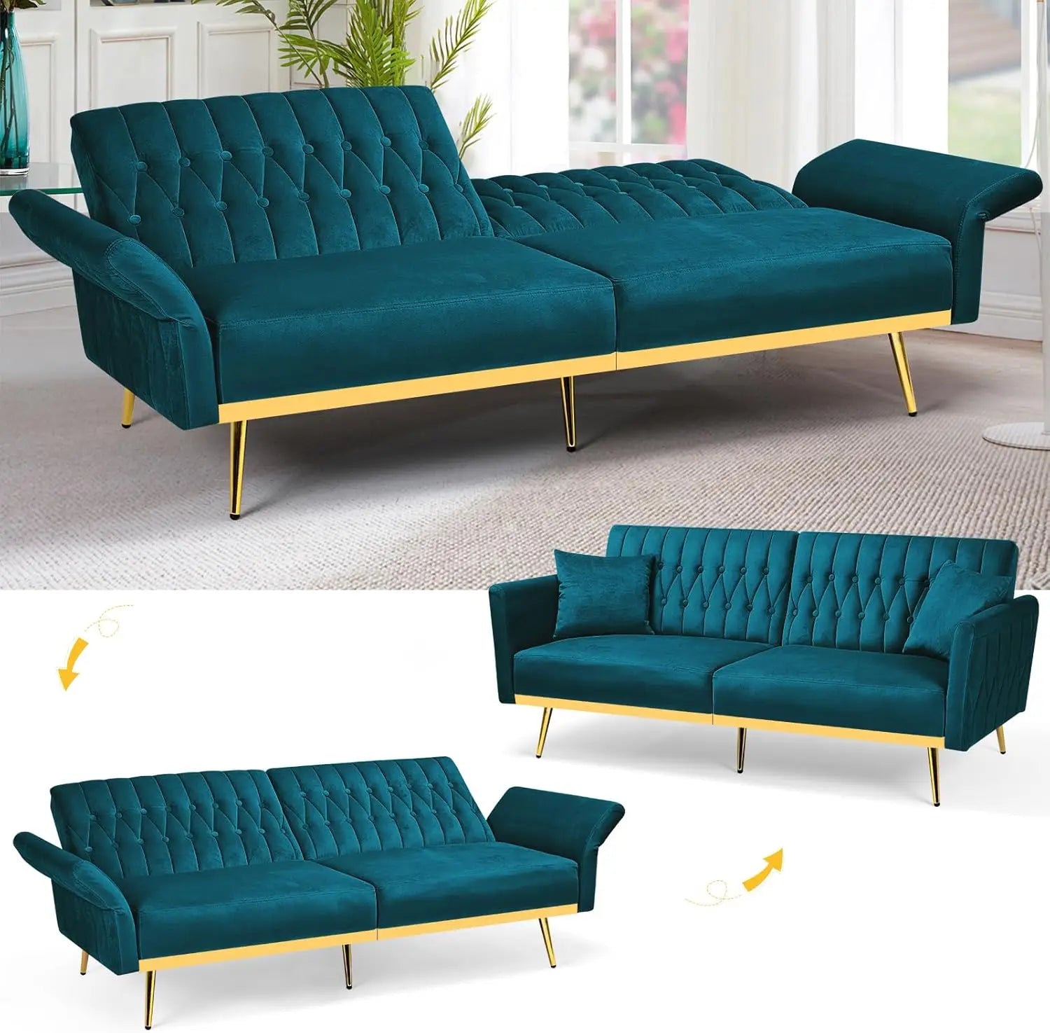 70' Velvet Futon Sofa Bed with Adjustable Armrests & Backrest, Convertible Sleeper Couch, Modern Futon with 2 Pillows, Teal