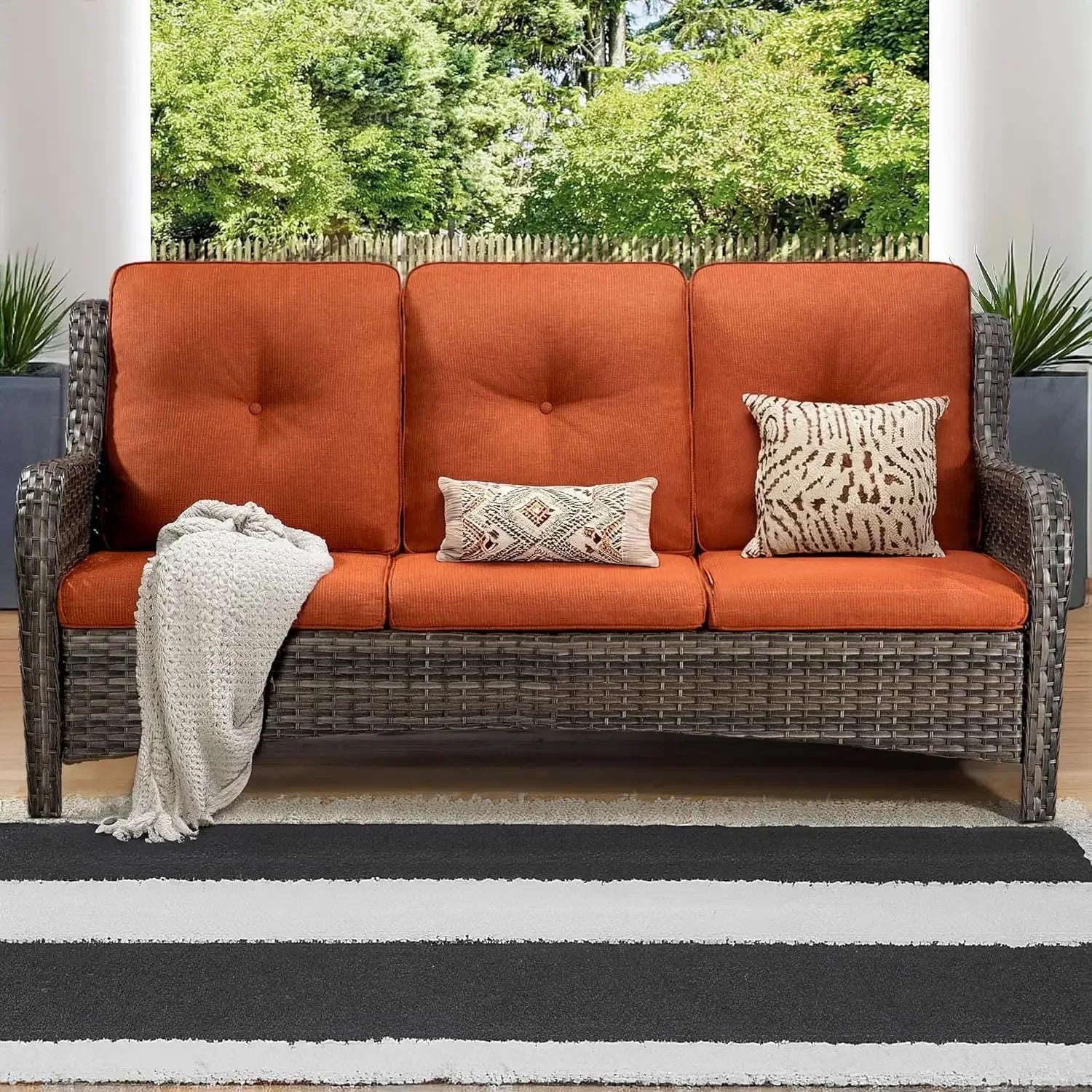 Outdoor Couch Wicker Patio Sofa - 3-Seat Patio Sofa with Deep Seating and Comfortable Cushions for Porch Deck Balcony Garden