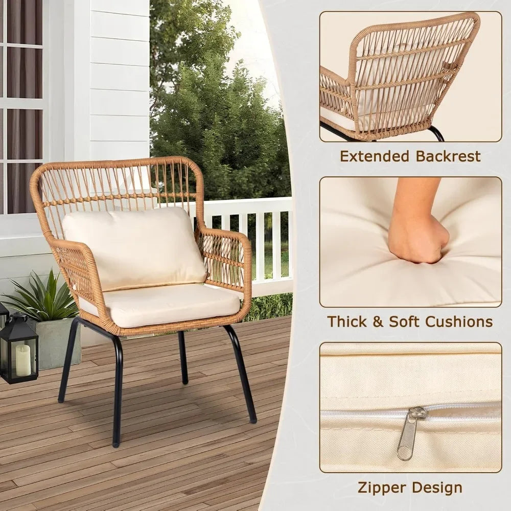 3 Piece Outdoor Wicker Bistro Set, Patio Conversation Sets w/2 Large Rattan Chairs and Tempered Glass Table, Patio Furniture