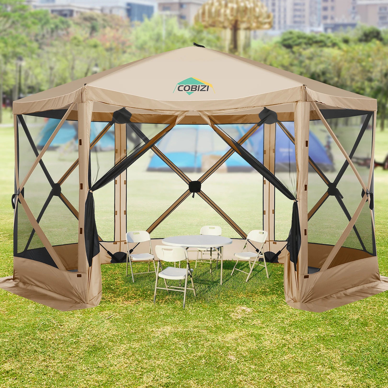 12x12ft Pop up Gazebo Screen House Tent with Mosquito Netting, 6 Sided Pop-up Canopy Shelter Tent Easy-Set Portable Gazebo