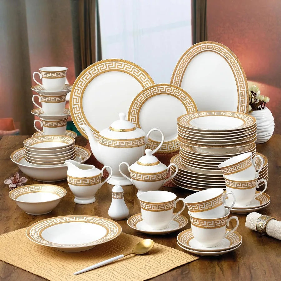 57Piece Bone China Dinnerware Set Service for 8 White and Golden Greek Key