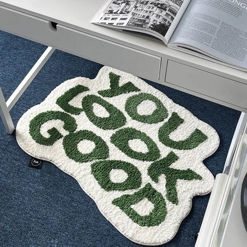 Fluffy Tufted Letter Floor Mat You Look Good Area Carpet Antislip Korean Irregular Lounge Rug Bedroom Chair Foot Pad Decor