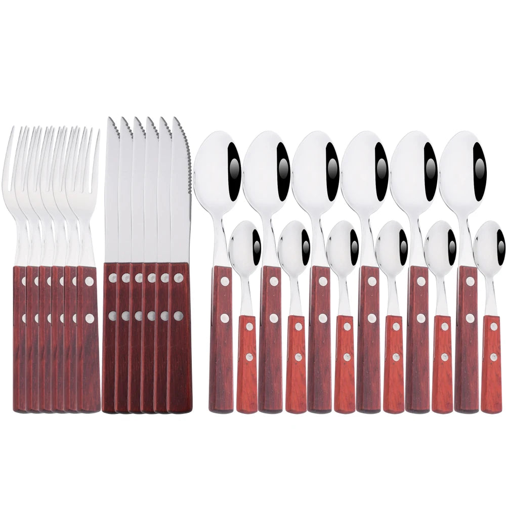 6/24Pcs 304 Stainless Stee Cutlery Set Luxury Wooden Handle Dinnerware Flatware Set Kitchen Western Knife Spoon Fork Tableware