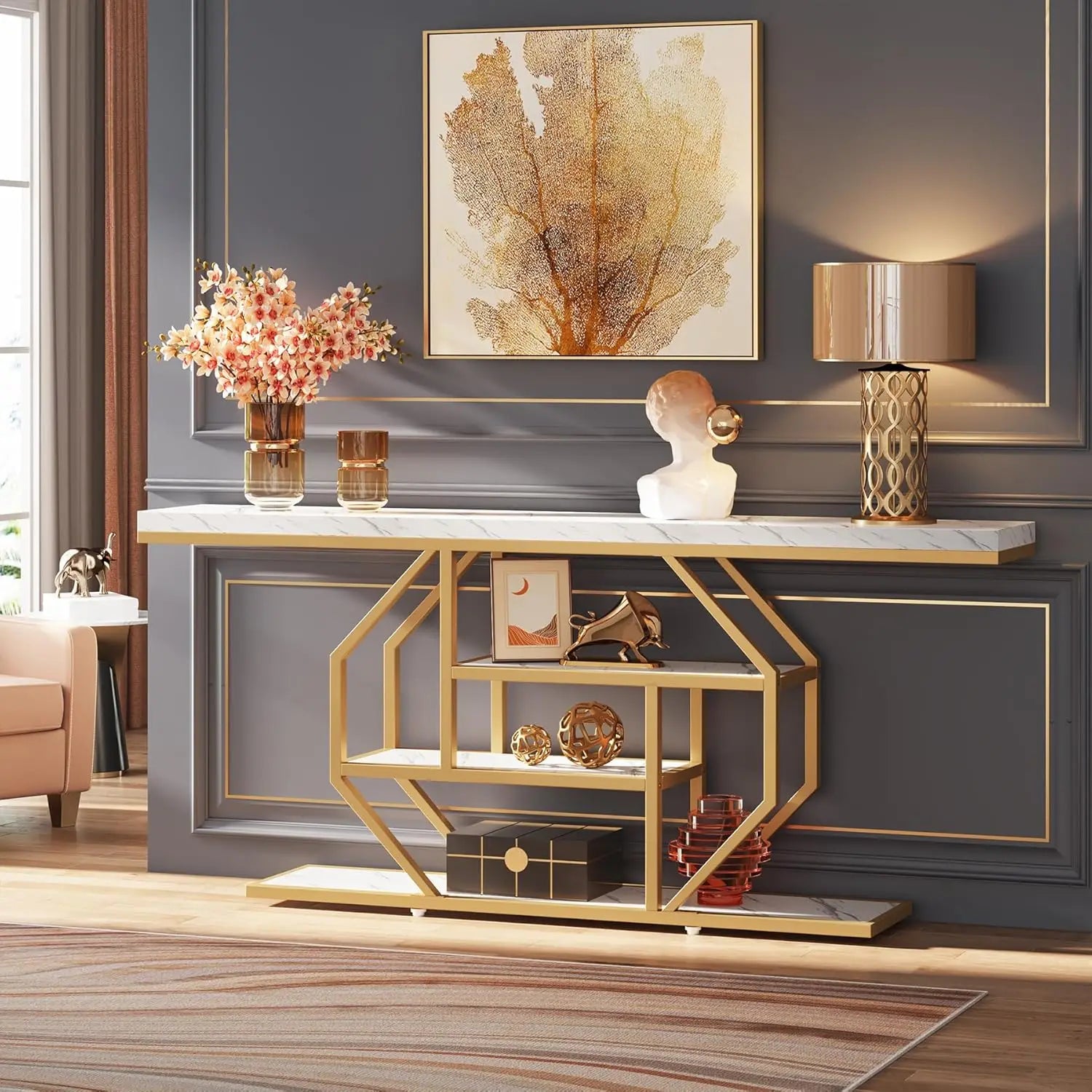70.9' Modern Gold Console Table with Storage, Faux Marble White Sofa Table for Living Room, Entryway, Hallway