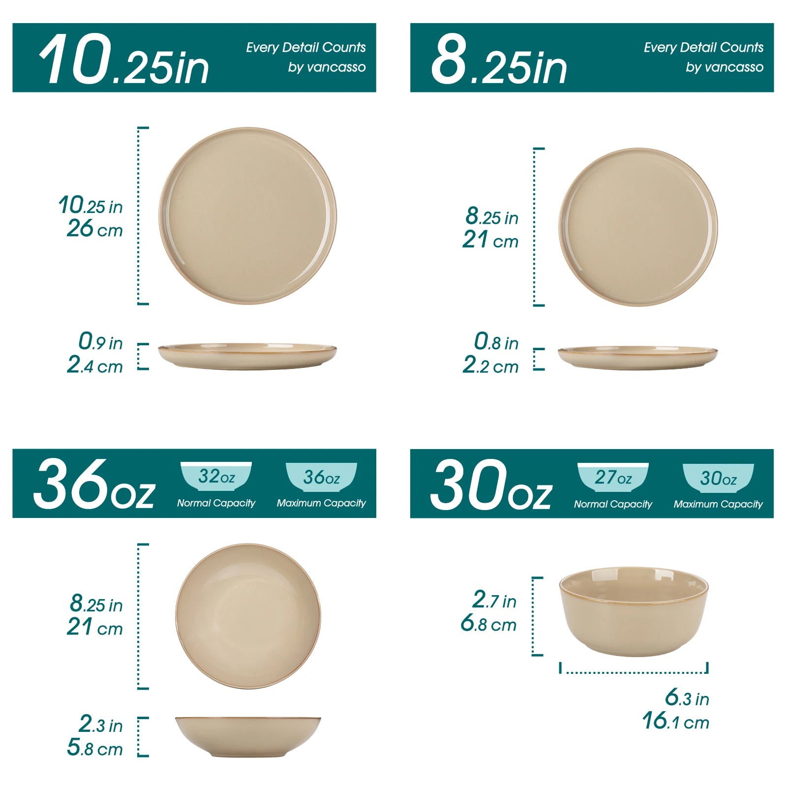 vancasso 12/16/18/24 Piece Light-Brow Reactive Glaze Stoneware Plates Set Dinnerware Sets with 4/6 pcs Dinner Plate/Dessert/Bowl