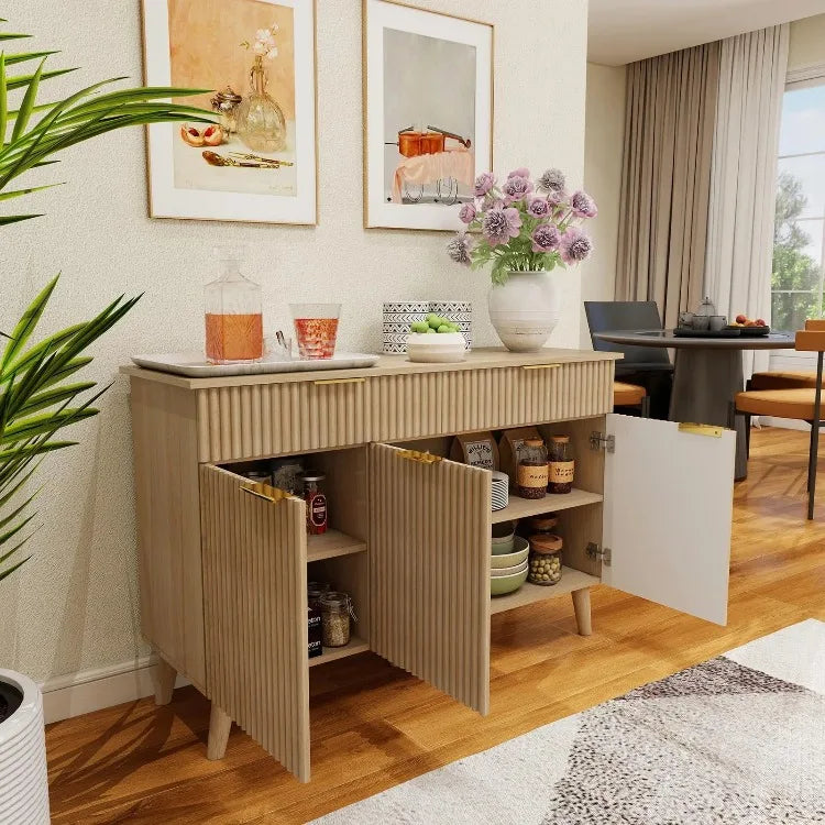 Large Coffee Bar Fluted Sideboard Buffet Cabinet Storage 2 Drawers Large Sideboard Cabinet Storages Geometric Pattern Furniture