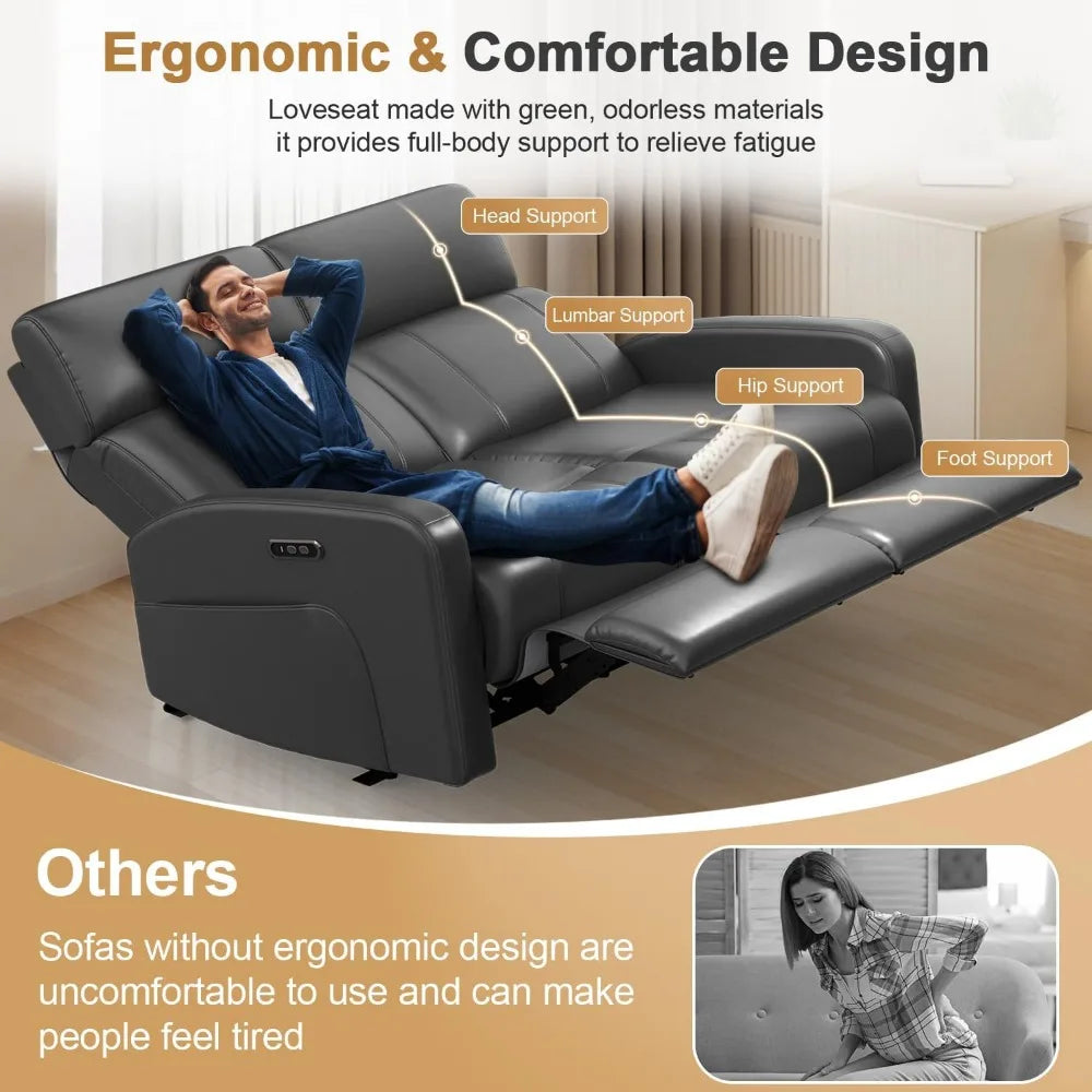 Power Loveseat Recliner Sofa, Reclining Loveseat with Adjustable Headrest, Charging Ports & Side Pockets and Ergonomic Design, E