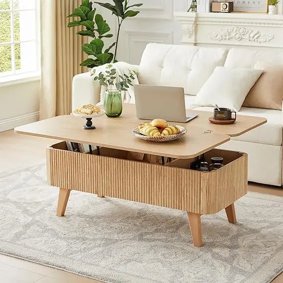 3 in 1 Lift Top Coffee Table, Fluted Convertible Coffee Tables Converts to Dining Tables, Modern Oval Wooden Center Table with S