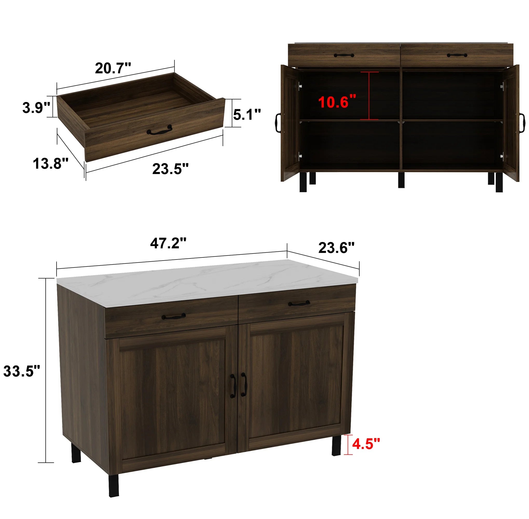 FUFU&GAGA Kitchen Island Sideboard with 2 Drawers & 2 Doors, Buffet Storage Cabinet with Marbling Top & Metal Handles, Brown