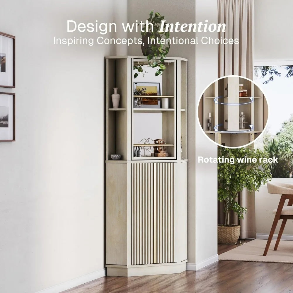 68″ Tall Farmhouse Wine Cabinet – Rotating Wine Rack Corner Bar Cabinet