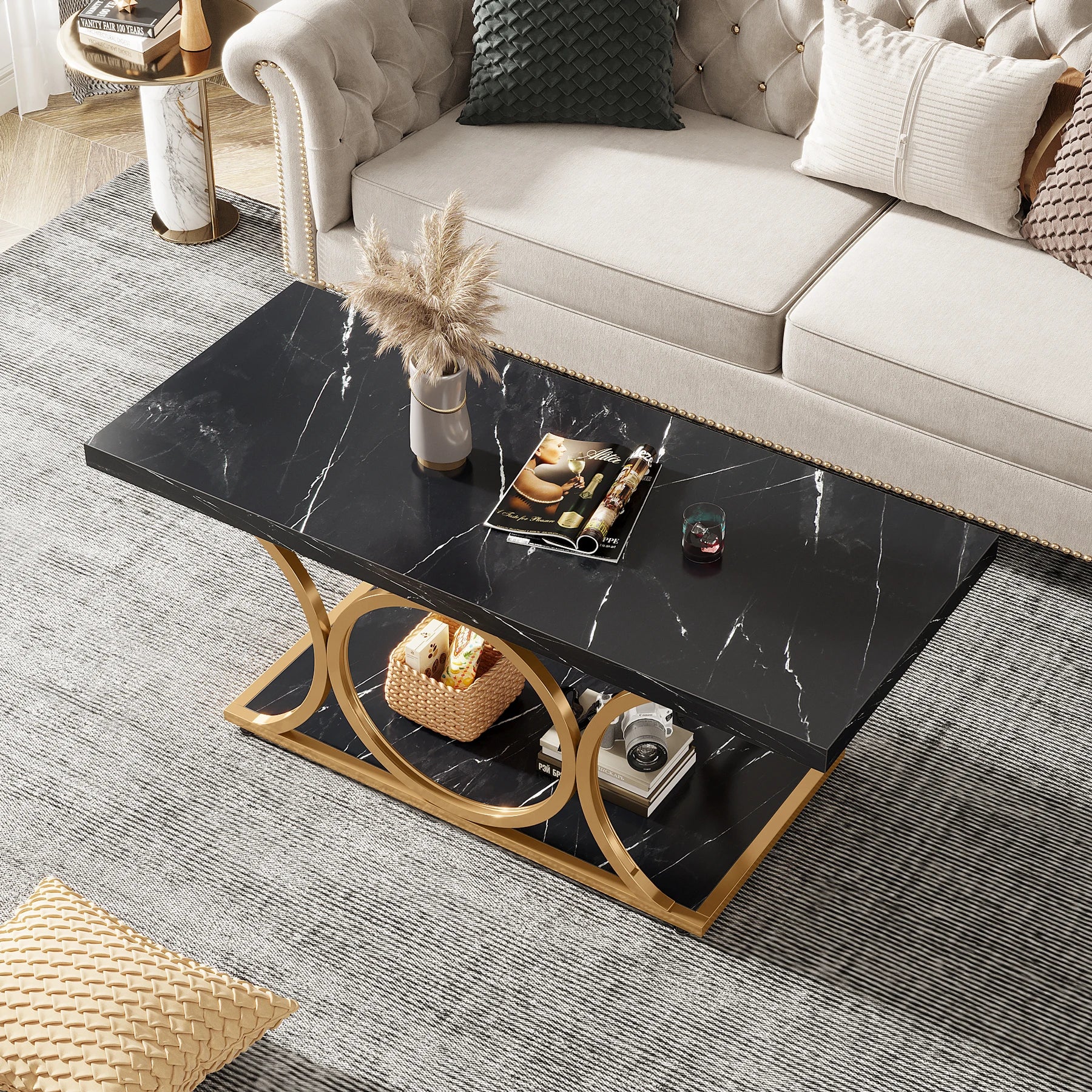 Rectangular Modern Coffee Table – 47.24” 2-Tier Faux Marble & Wood Center Table
