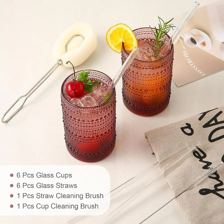 Vintage Glassware Drinking Glasses Set of 6 15 oz Hobnail Glass Cups with Embossed Purple Design Ideal for Beer Cocktail Whiske