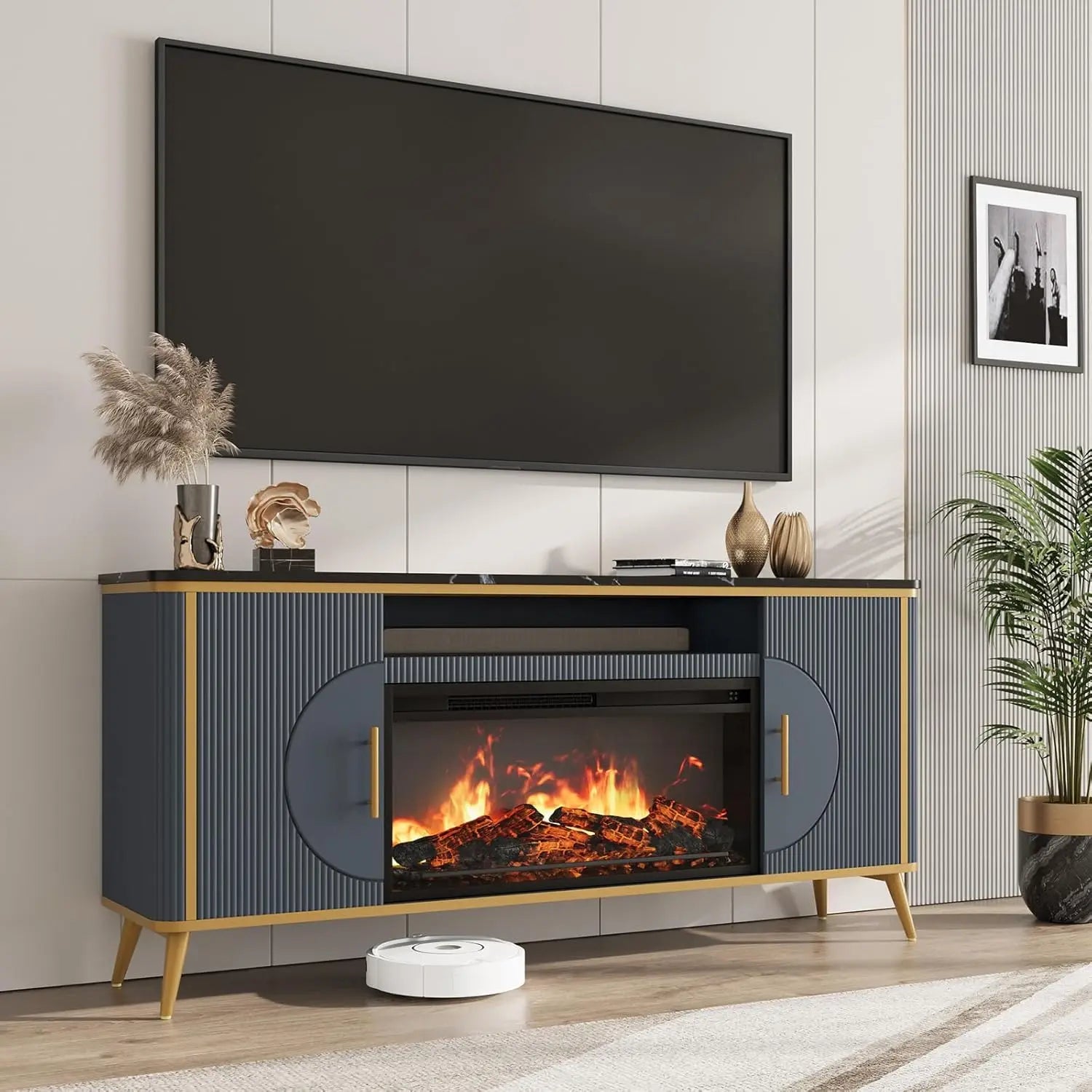 Modern Fluted Fireplace TV Stand for up to 80'' TVs with 30'' Electric Fireplace Luxury Media Console Adjustable Entertainment
