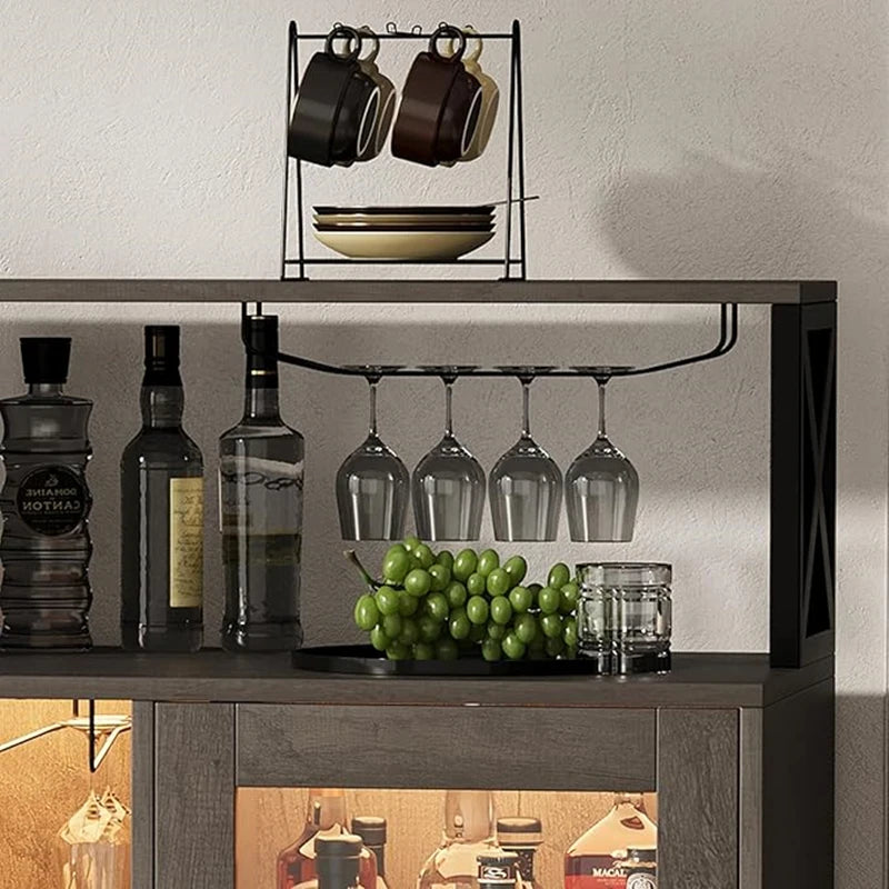 Wine Bar Cabinet with LED Light – Tempered Glass Doors & Power Outlet