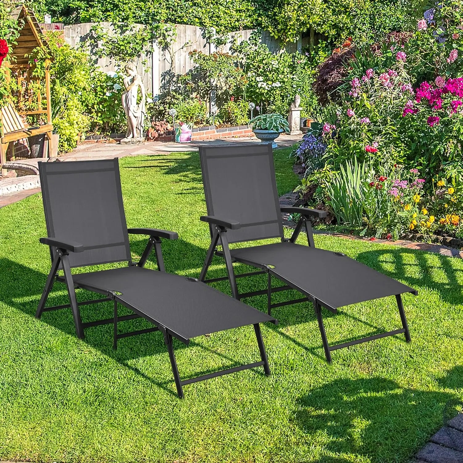 Outdoor Folding Chaise Lounge Set of 2 Patio Reclining Chairs w/Adjustable 7-Position Back for Beach Pool Garden Yard Deck Black