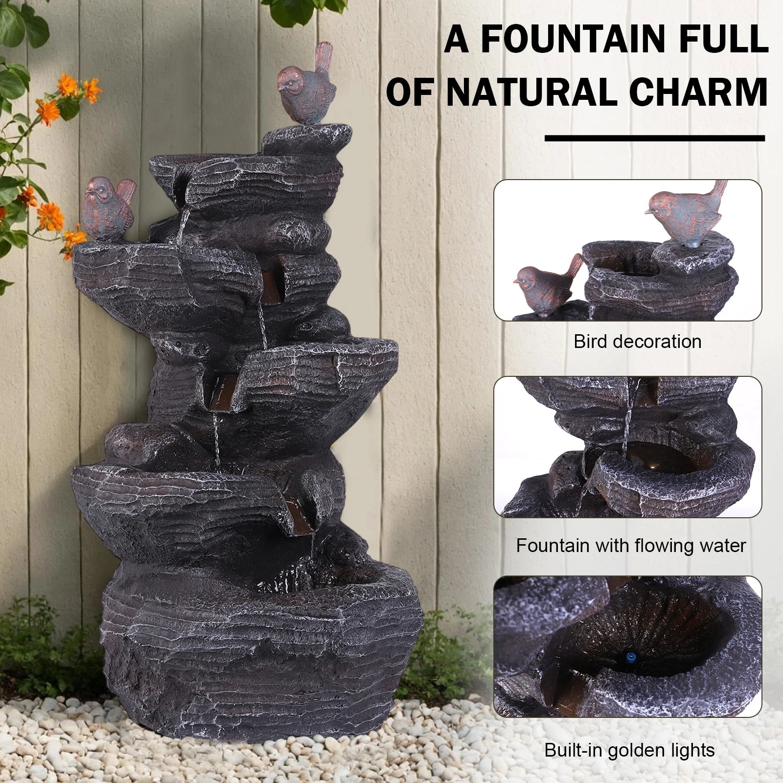 Cascading Rock Water Fountain with LED Lights Resin Stone Imitation Waterfall Tabletop Water Fountain for Home and Office Decor