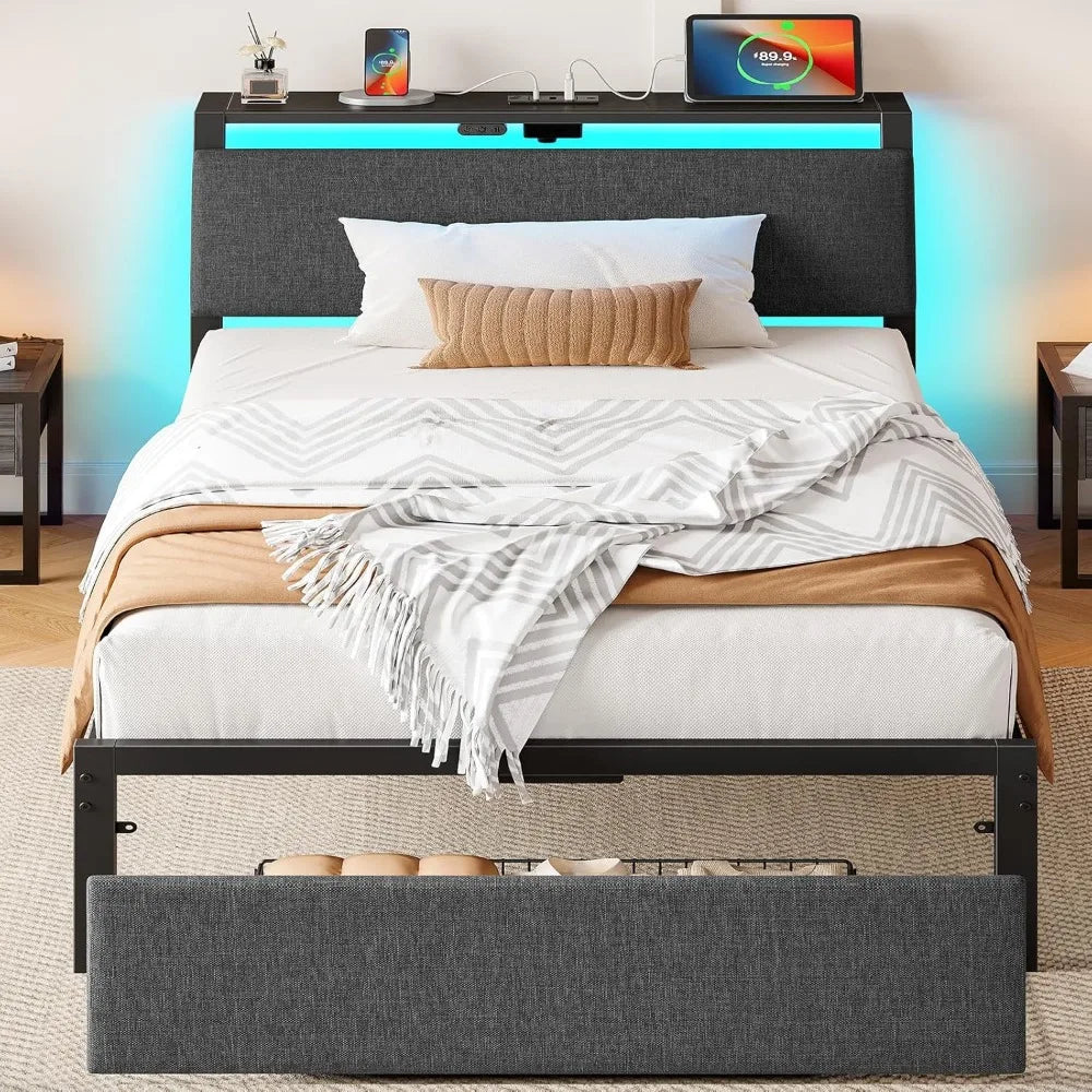 Upholstered Twin Size Bed Frame with Ergonomic Storage Headboard, LED Light & Charging Station