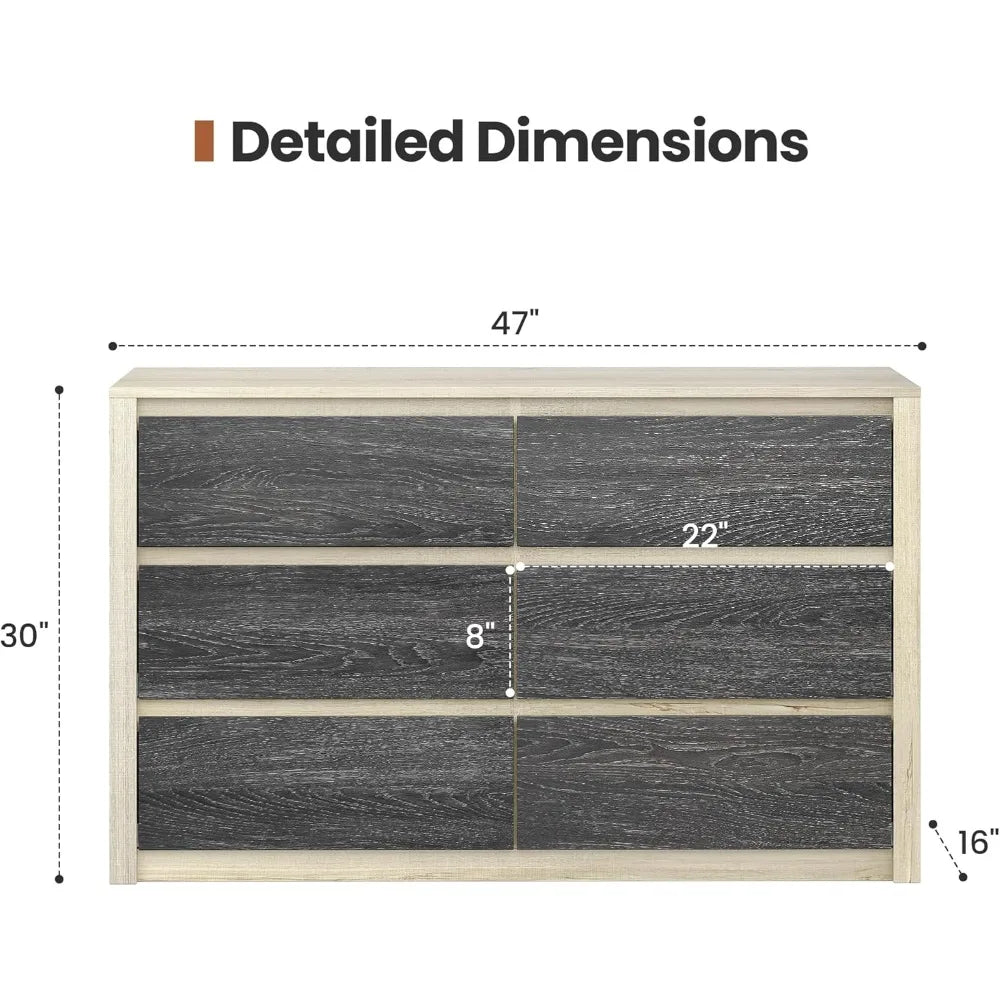 Modern Farmhouse 6 Drawer Dresser for Clothes Storage, 47" Wide Handle-Free Wood Chest, Light Greige Oak and Charcoal Ash Two