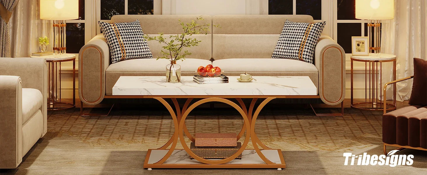 Rectangular Modern Coffee Table – 47.24” 2-Tier Faux Marble & Wood Center Table