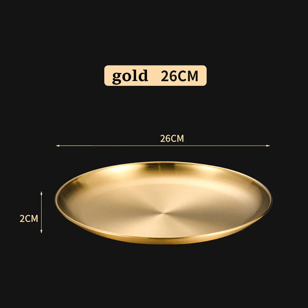 Gold Stainless Steel Round Plate – Rust-Proof Shallow Tray for Dining & Outdoor Use