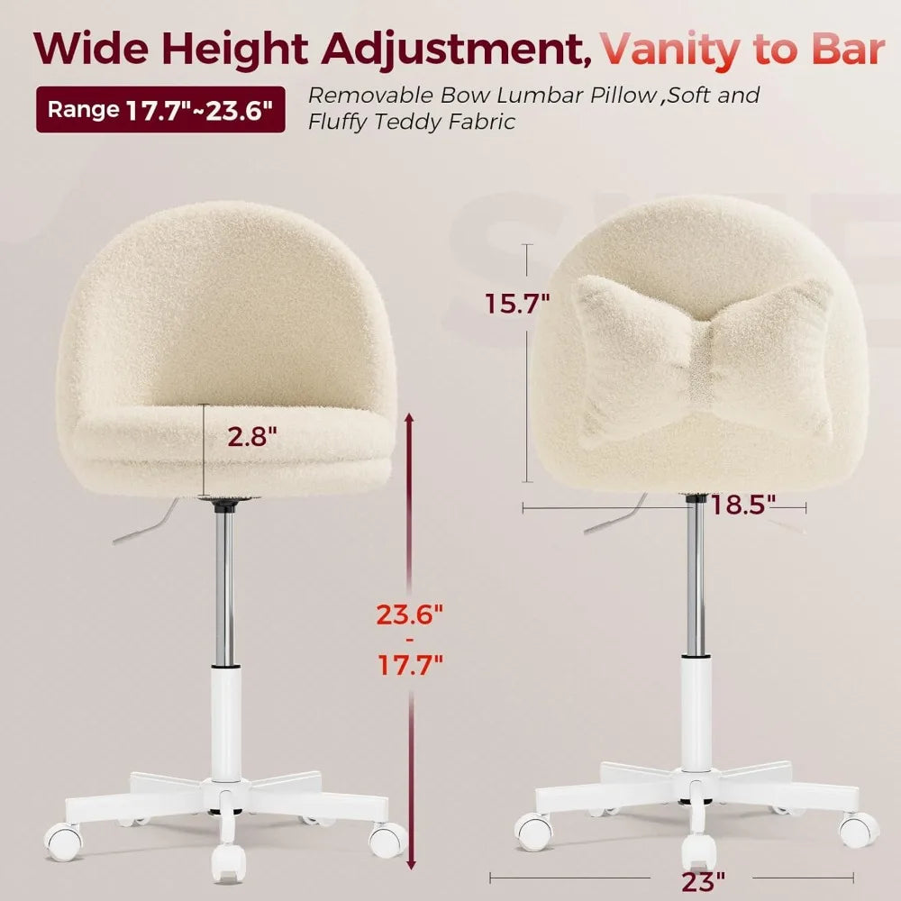 Teddy Velvet Adjustable Height Vanity Chair for Girls, Cute Armless Makeup Desk Stool with Storage