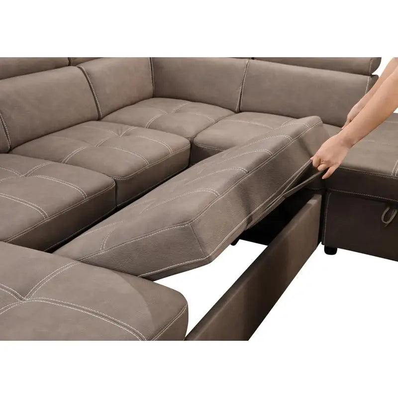 U-Shaped 128" Reversible Sectional Sofa Set with Ottoman, 7-Seater Modular Couch with Storage, Adjustable Headrest, Brown