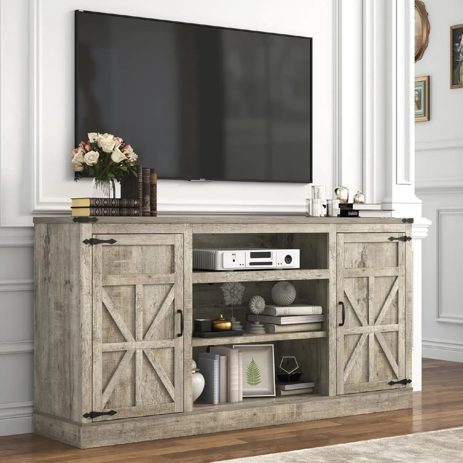 66 Inch Farmhouse TV Stand with Power Outlets for 75 Inch TVs 33 Tall Entertainment Center with Storage Cabinets Adjustable Shel