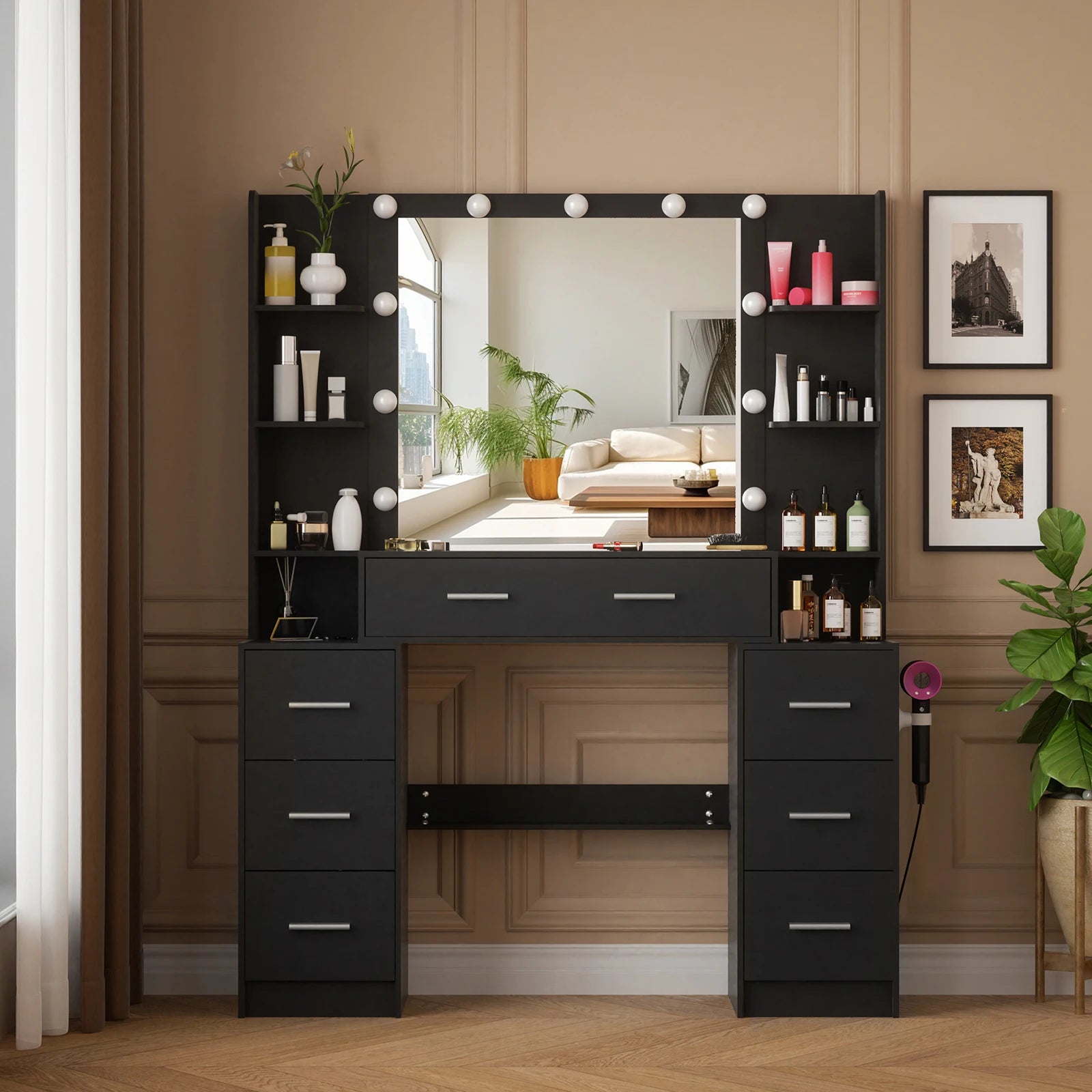 Black Large Vanity Dressing Table with LED Mirror 7 Drawers 3 Color Light Storage Bedroom Cosmetic Station for Women Girls