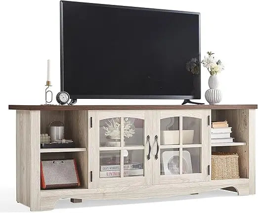 Farmhouse TV Stand for 65 Inch TV, Wood Entertainment Center with Glass Door Storage Cabinet & Adjustable Shelves, La