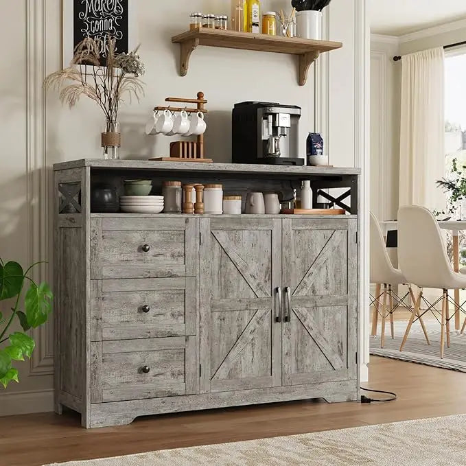 47" Farmhouse Storage Cabinet with Barn Doors and Drawers, Sideboard Buffet Cabinet with Storage