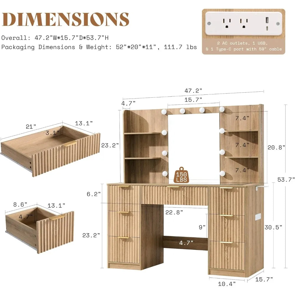 36.2" Fluted Vanity Desk with Mirror and Adjustable LED Lights, Large 4 Drawers Makeup Table with Glass Top and Charging Station
