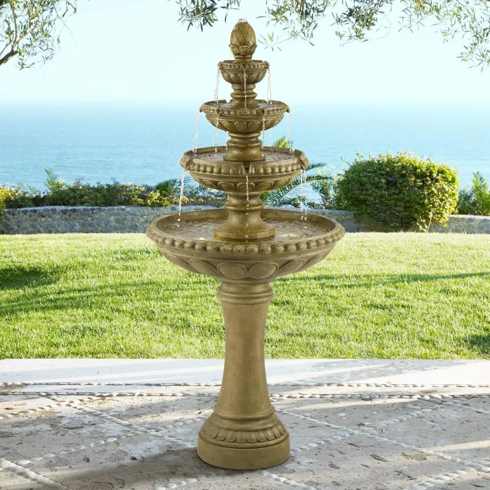 Sag Harbor 66 High Large Italian Outdoor Decor Sand Stone Floor Fountain with Light LED Waterfall 4-Tier Standing Basin Water